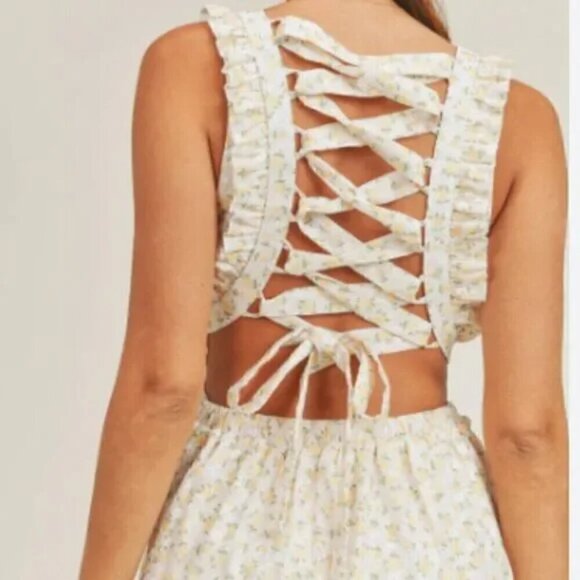 Mable Lexi Eyelet Lace Up Ruffle Cut Out Mini Dress Yellow Floral Size Small - Picture 4 of 12